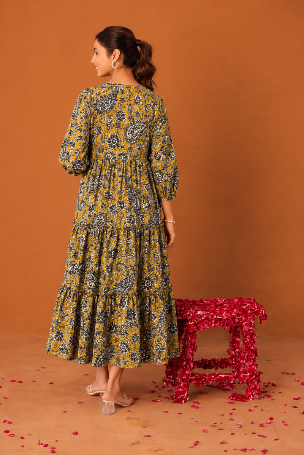 Mustard Baroque Bloom Maternity & Nursing Tier Dress