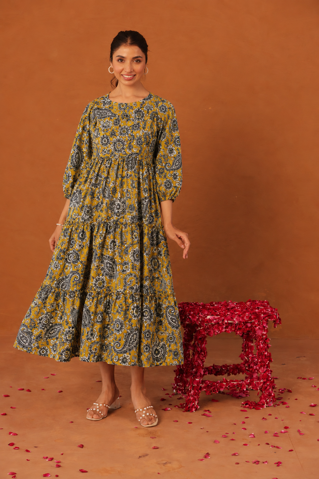 Mustard Baroque Bloom Maternity & Nursing Tier Dress