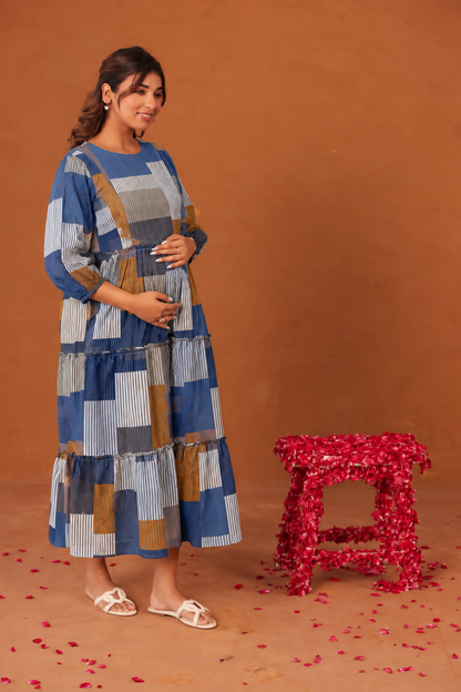 Indigo Block Maternity & Nursing Tier Dress