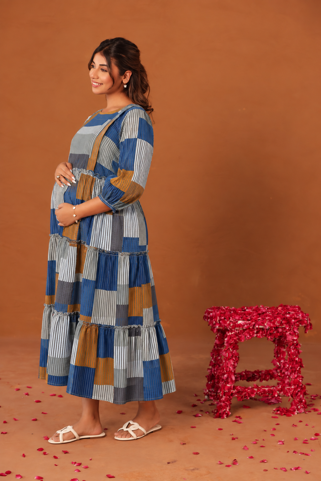 Indigo Block Maternity & Nursing Tier Dress