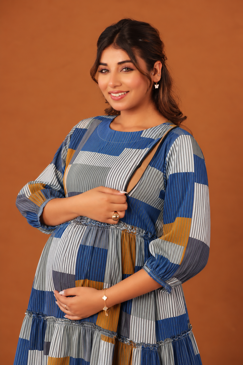 Indigo Block Maternity & Nursing Tier Dress