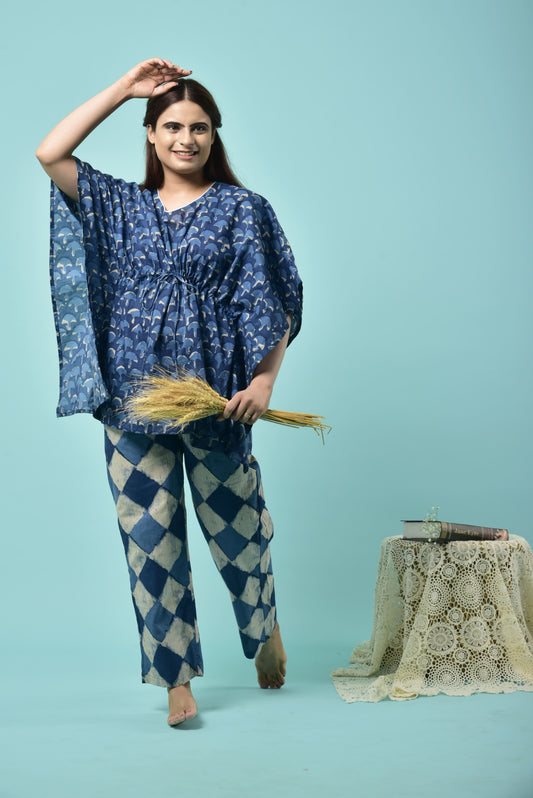 Mushrooms On Indigo Cotton Kaftan Set