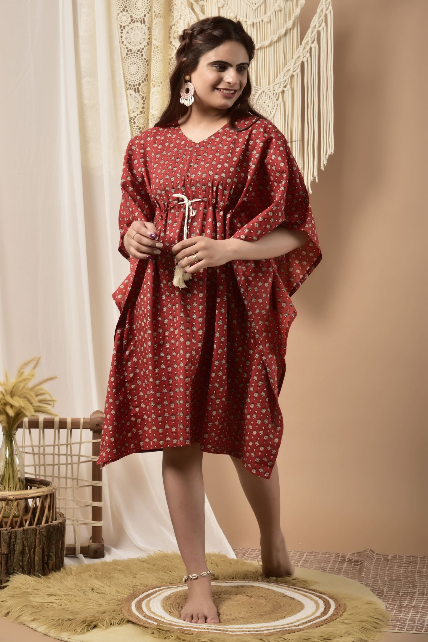 Minimalist Pattern On Red Cotton Midi Kaftan