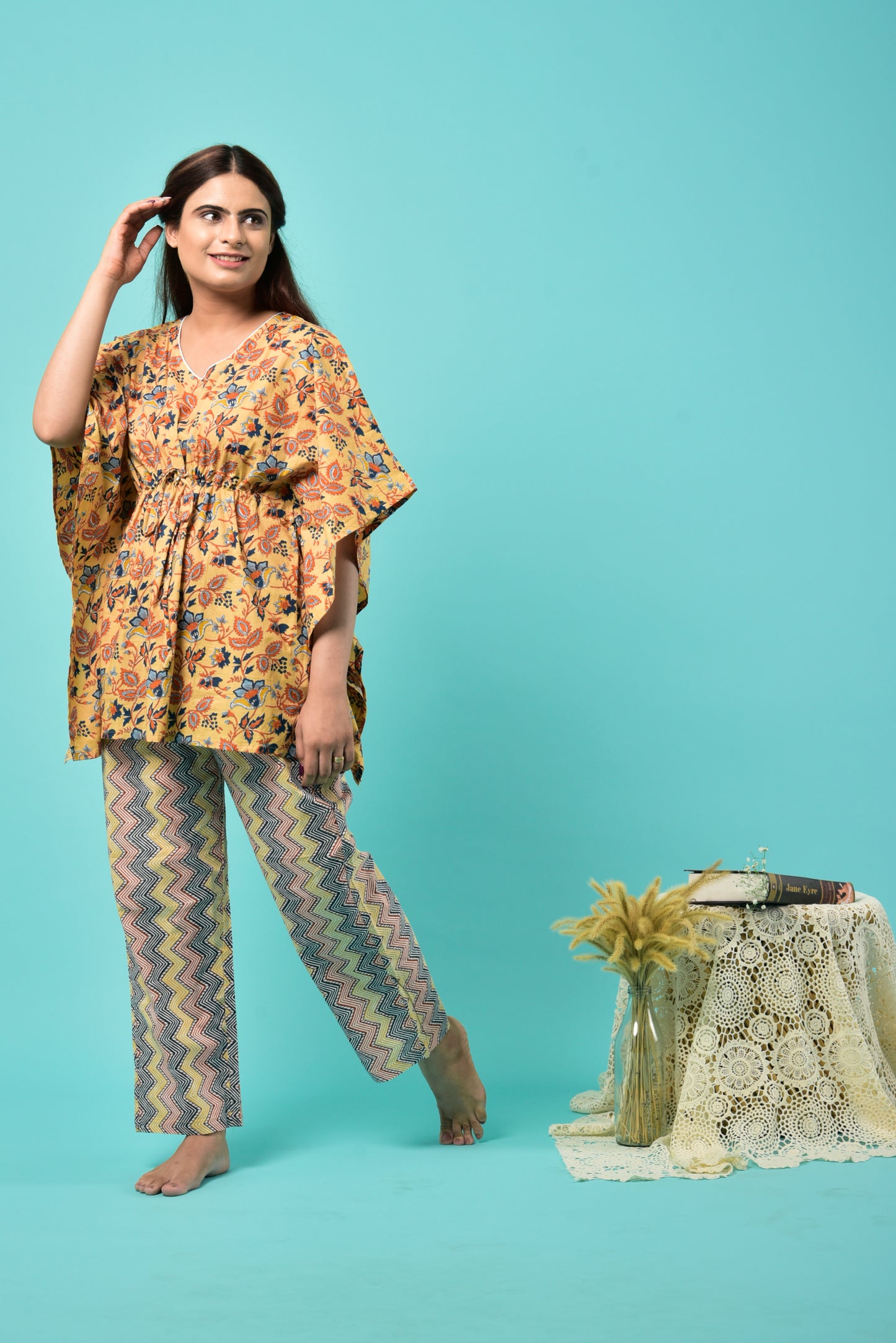 Florals With ZigZag Cotton Kaftan Set