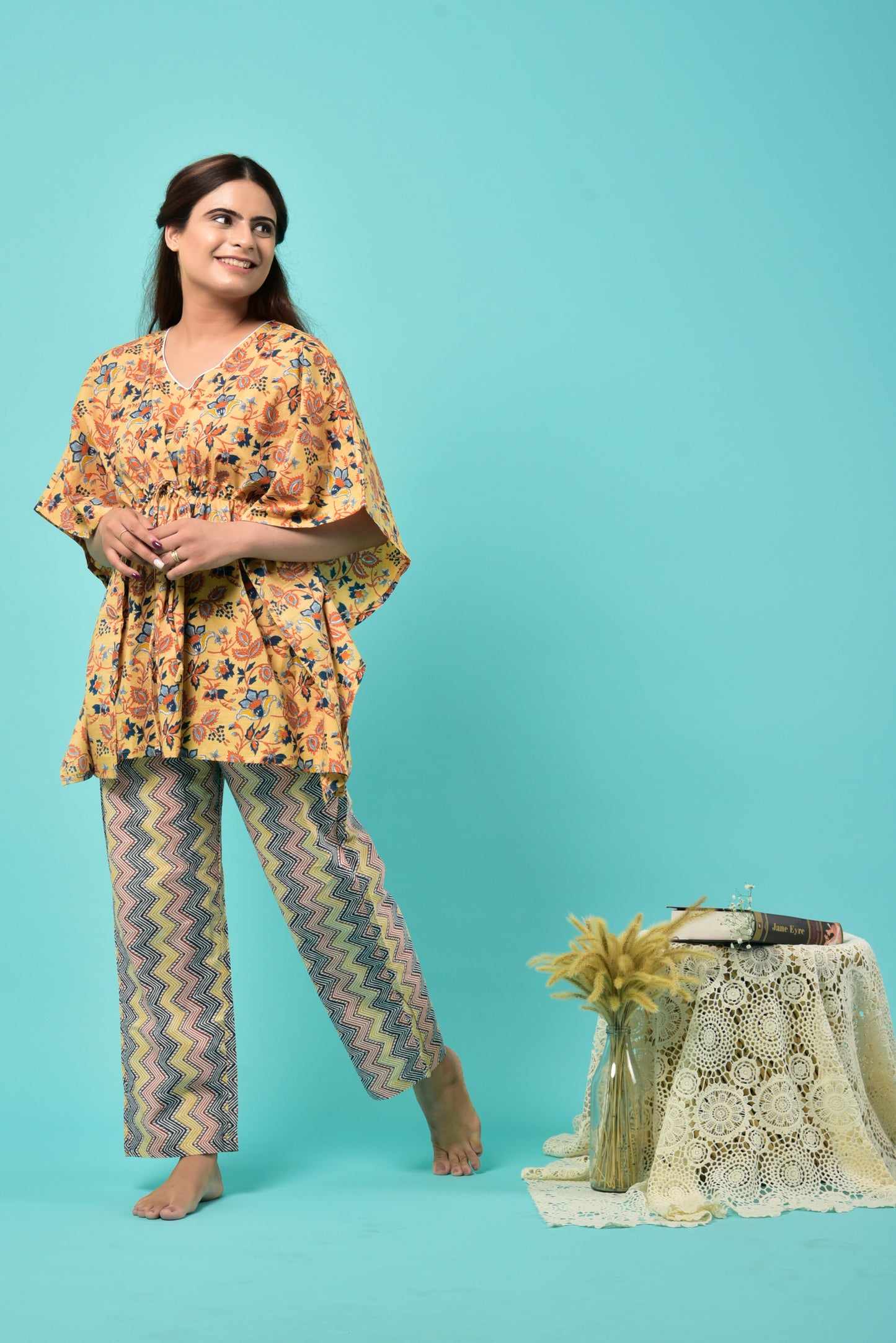 Florals With ZigZag Cotton Kaftan Set