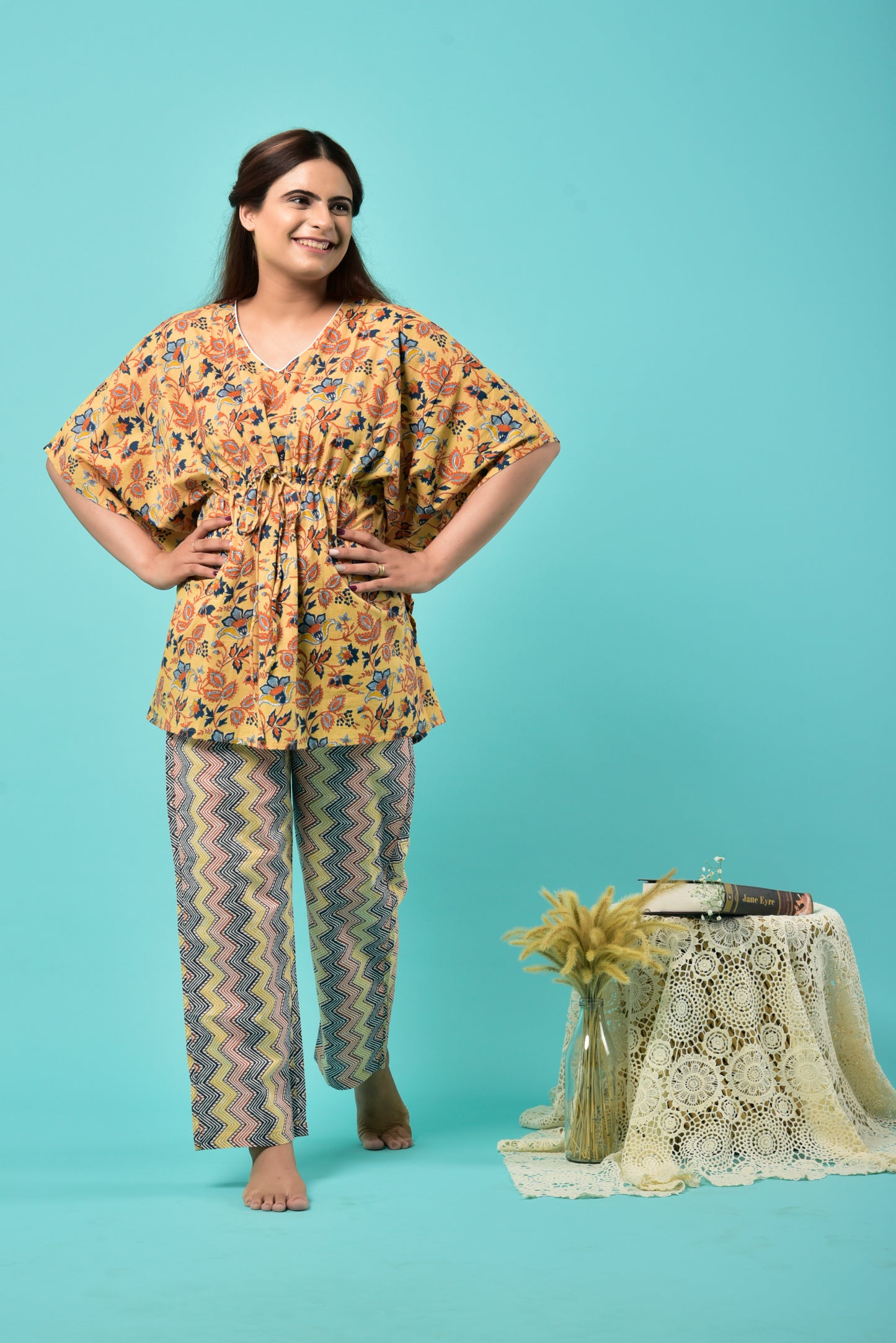 Florals With ZigZag Cotton Kaftan Set