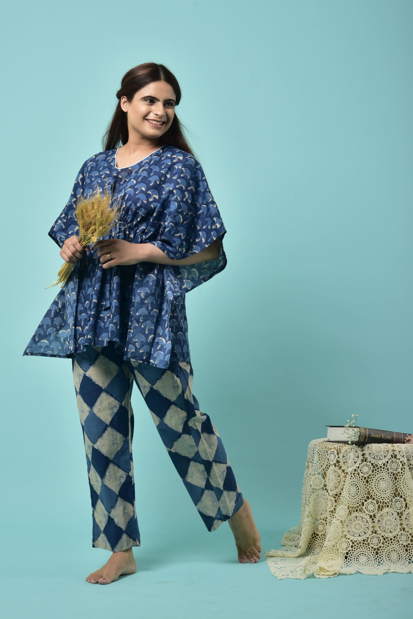 Mushrooms On Indigo Cotton Kaftan Set