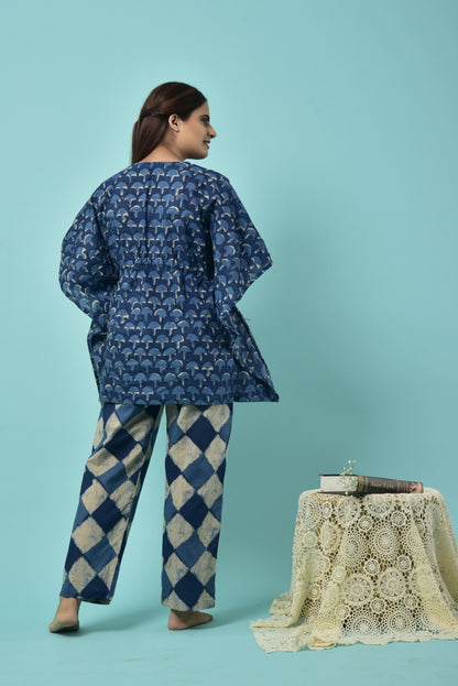 Mushrooms On Indigo Cotton Kaftan Set