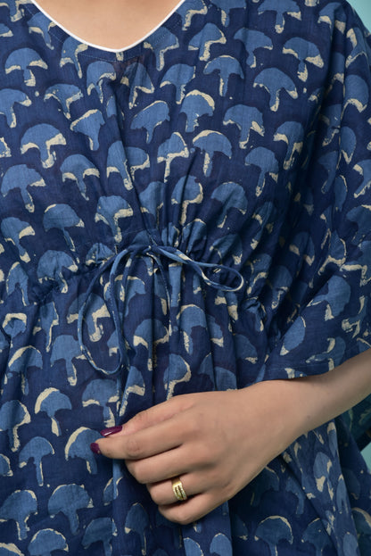 Mushrooms On Indigo Cotton Kaftan Set