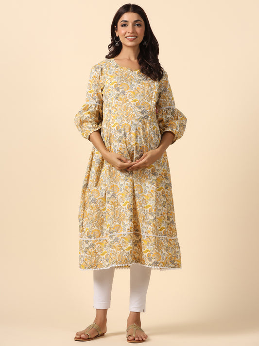 Floral Duality Yellow Maternity & Nursing Kurta