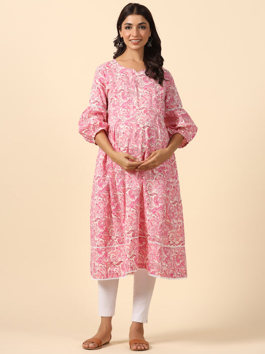 Floral Duality Pink Maternity & Nursing Kurta