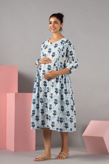 Serene Sky Rose Maternity & Nursing Dress