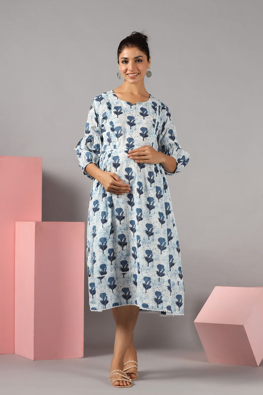 Serene Sky Rose Maternity & Nursing Dress