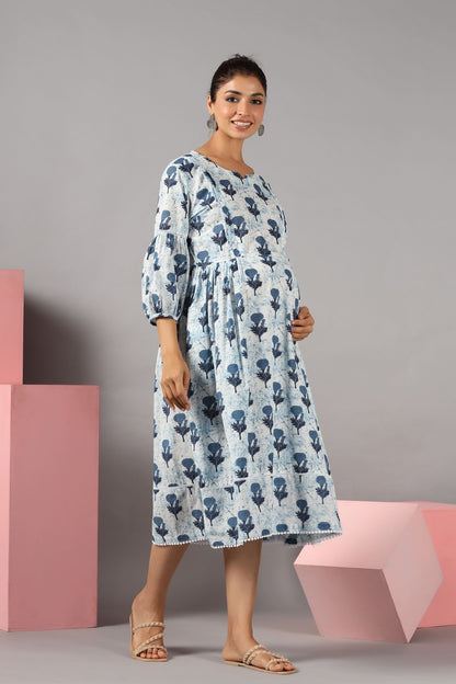 Serene Sky Rose Maternity & Nursing Dress