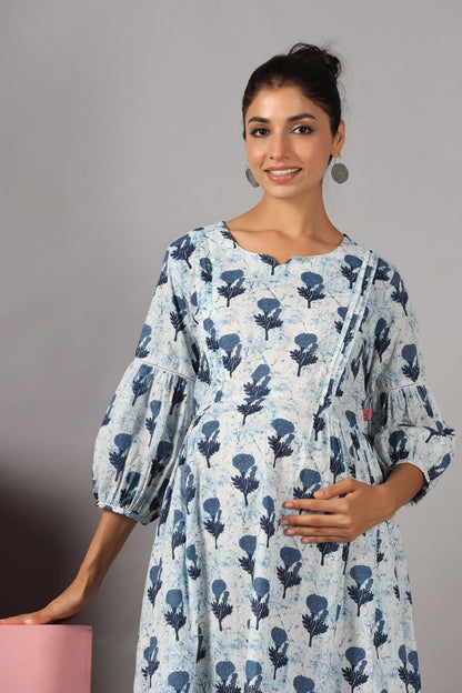 Serene Sky Rose Maternity & Nursing Dress