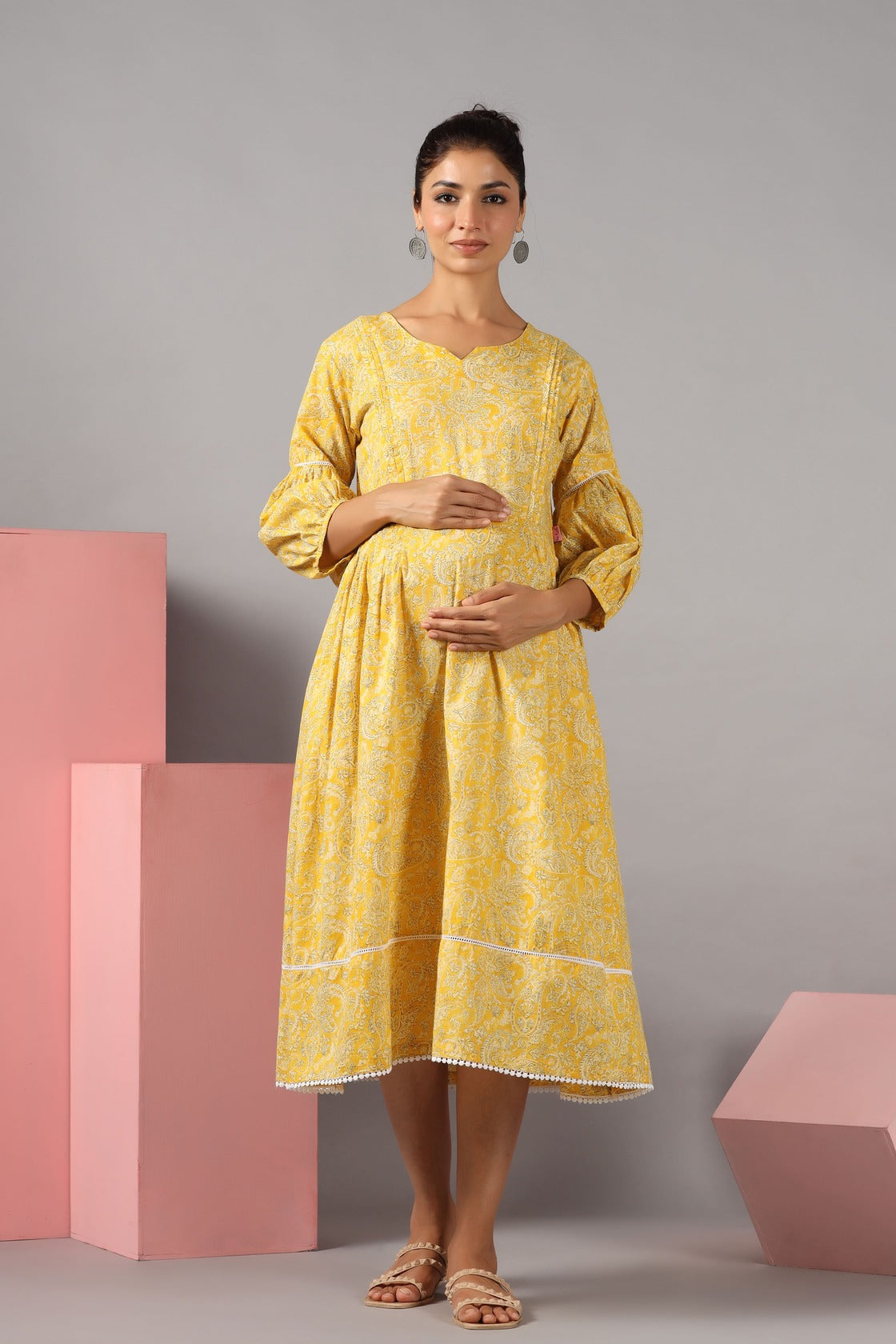 Paisley Charm On Yellow Maternity & Nursing Dress