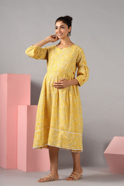 Paisley Charm On Yellow Maternity & Nursing Dress