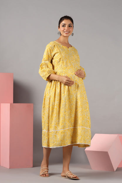 Paisley Charm On Yellow Maternity & Nursing Dress