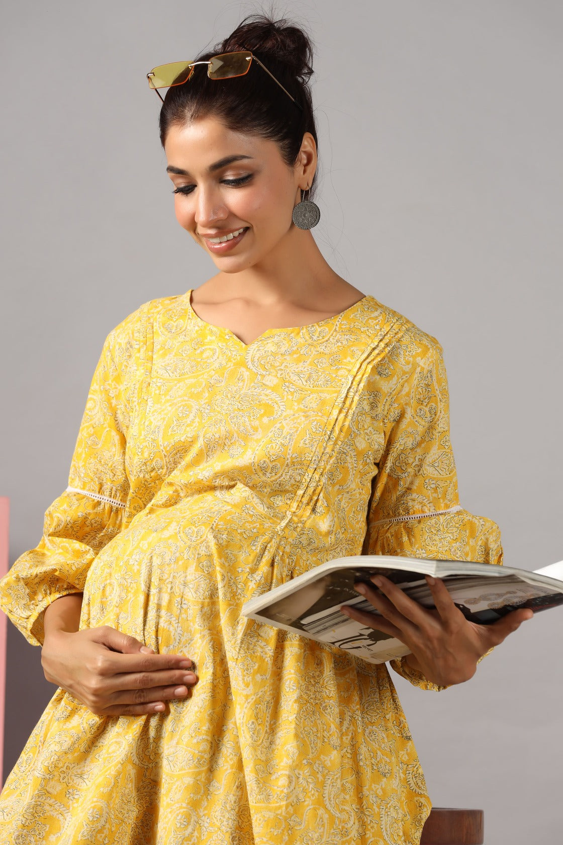 Paisley Charm On Yellow Maternity & Nursing Dress