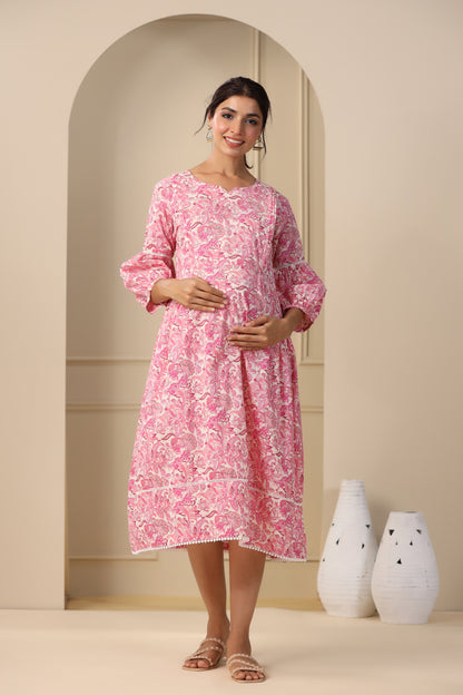 Floral Duality Pink Maternity & Nursing Dress