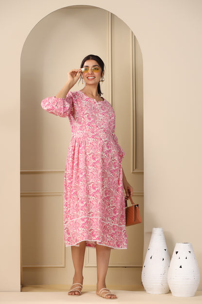 Floral Duality Pink Maternity & Nursing Dress