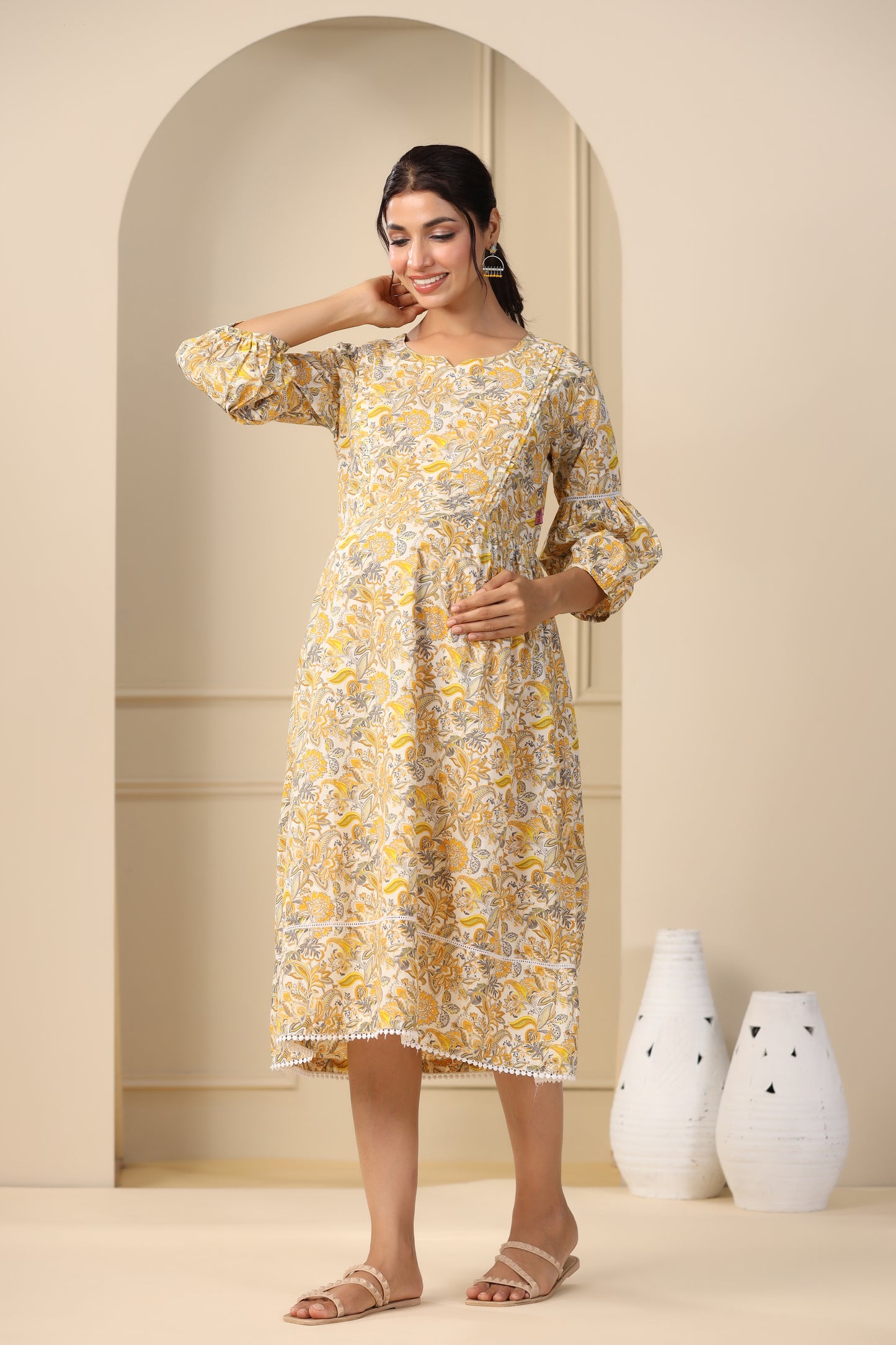 Floral Duality Yellow Maternity & Nursing Dress