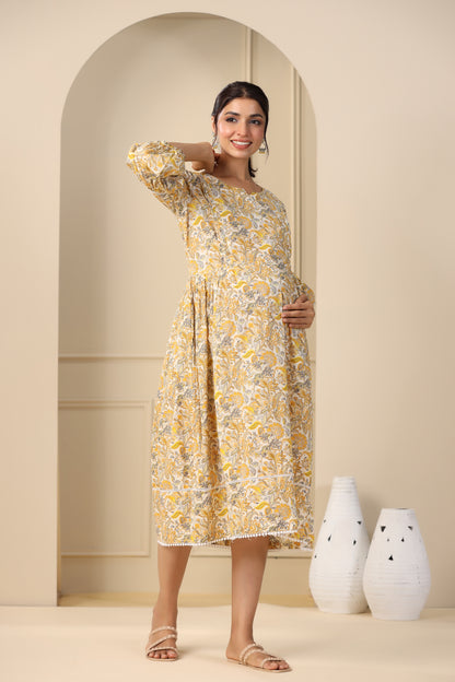 Floral Duality Yellow Maternity & Nursing Dress