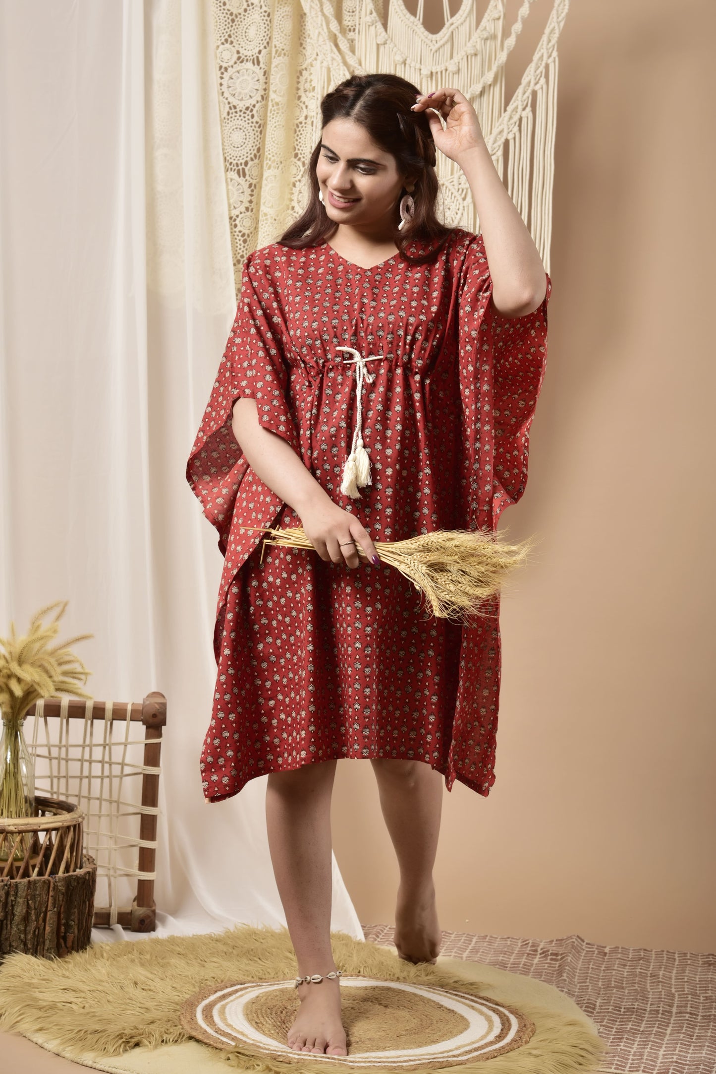 Minimalist Pattern On Red Cotton Midi Kaftan