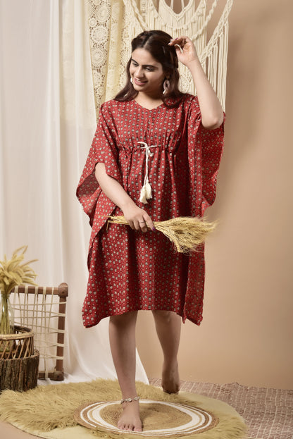 Minimalist Pattern On Red Cotton Midi Kaftan