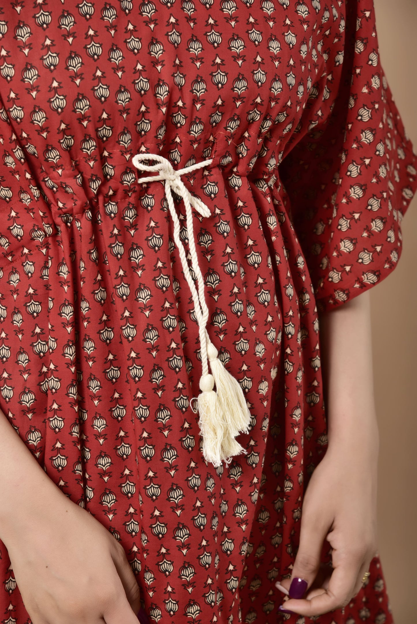 Minimalist Pattern On Red Cotton Midi Kaftan