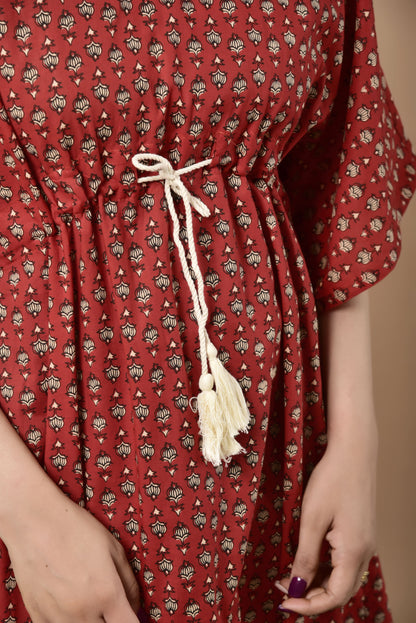 Minimalist Pattern On Red Cotton Midi Kaftan