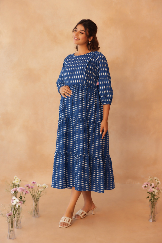 Indigo Ikkat Trail Maternity & Nursing Tier Dress