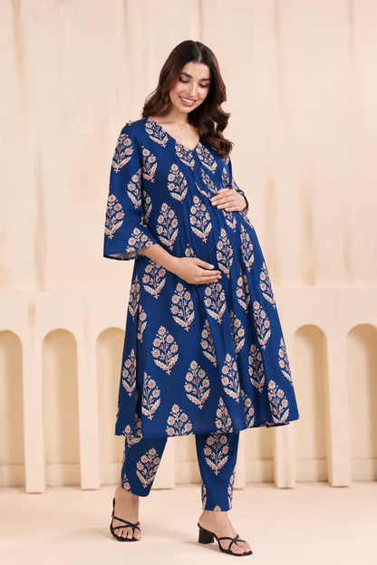 Gulmohar Blue Maternity & Nursing Kurta Pant Set