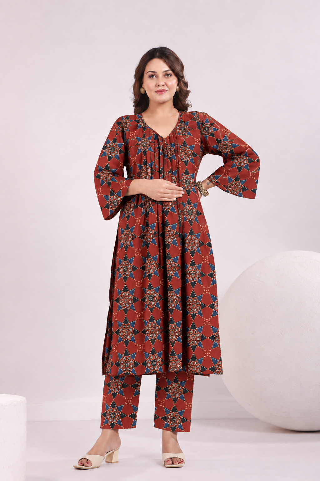 Rust Starburst Maternity & Nursing Kurta Pant Set