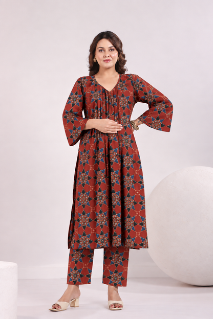 Rust Starburst Maternity & Nursing Kurta Pant Set