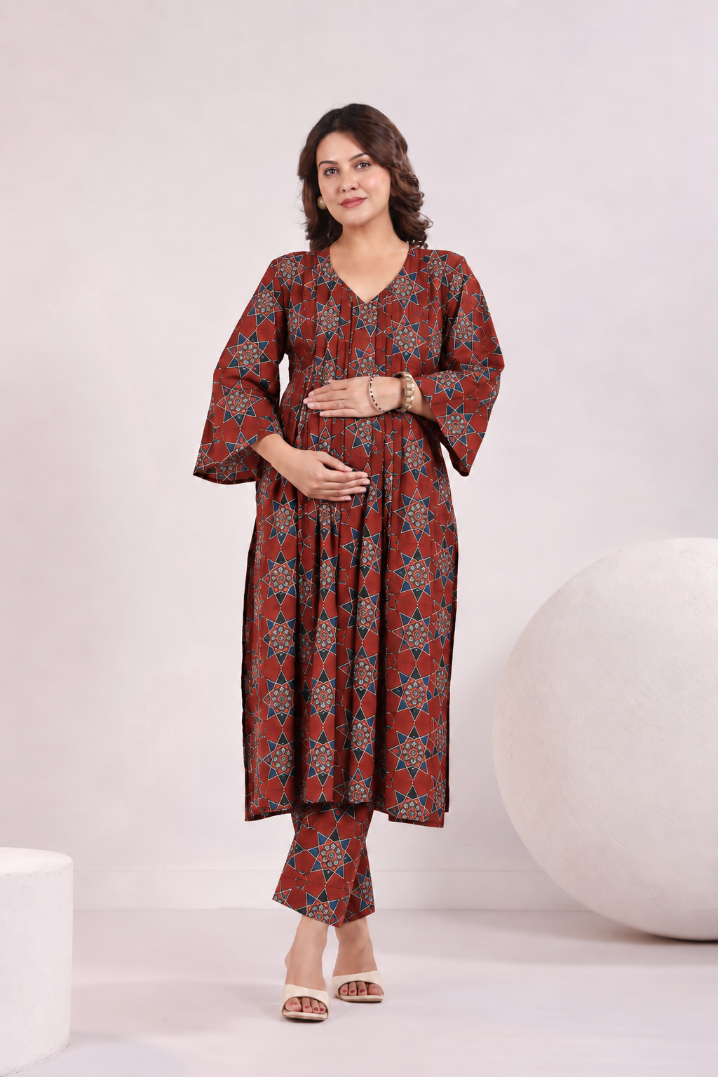 Rust Starburst Maternity & Nursing Kurta Pant Set