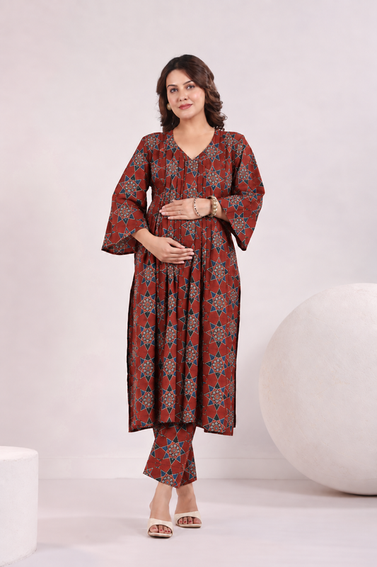 Rust Starburst Maternity & Nursing Kurta Pant Set
