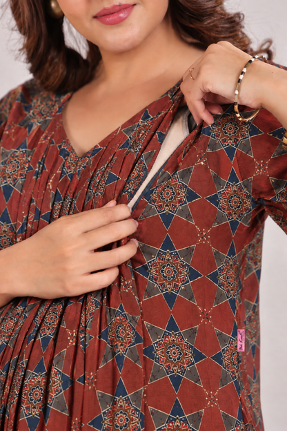 Rust Starburst Maternity & Nursing Kurta Pant Set