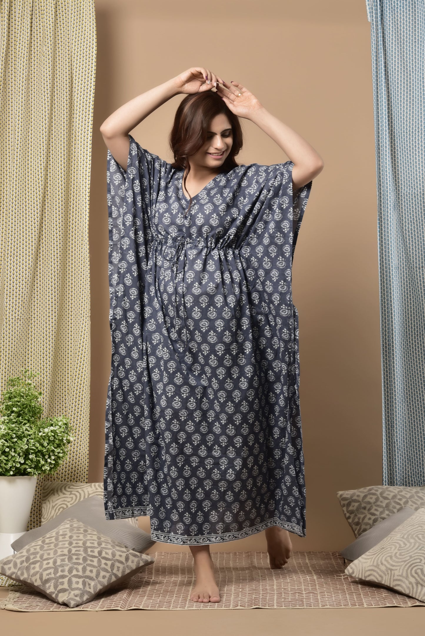 Motifs On Grey Cotton Kaftan