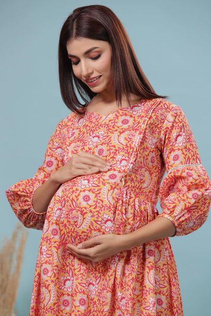 Sunlit Blossoms Yellow Maternity & Nursing Dress