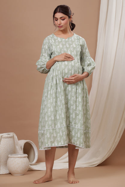 Paisley Charm On Light Green Maternity & Nursing Dress