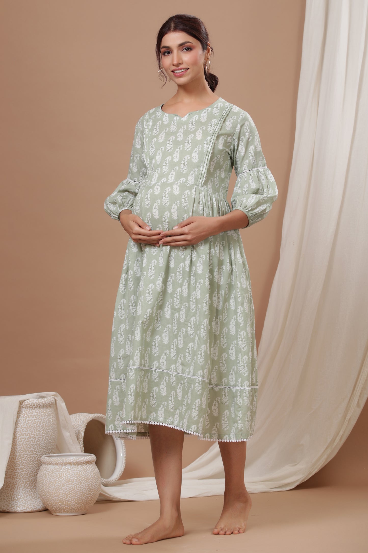 Paisley Charm On Light Green Maternity & Nursing Dress