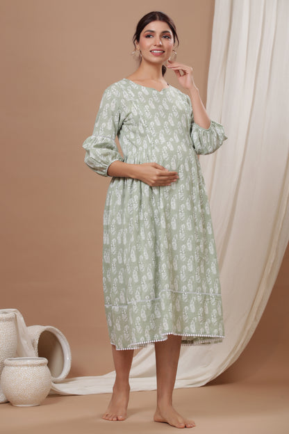 Paisley Charm On Light Green Maternity & Nursing Dress