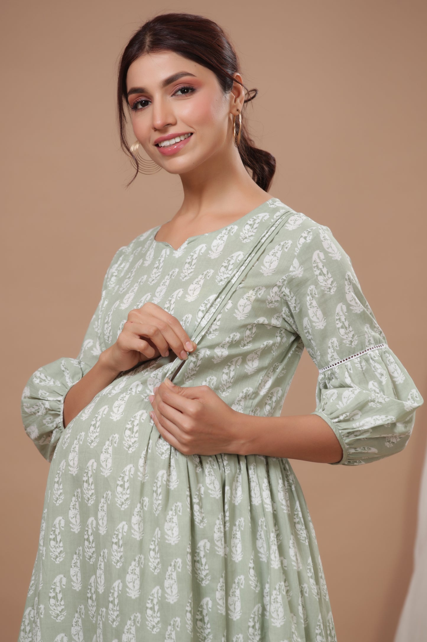 Paisley Charm On Light Green Maternity & Nursing Dress