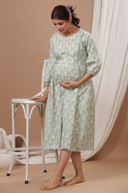 Paisley Charm On Light Green Maternity & Nursing Dress