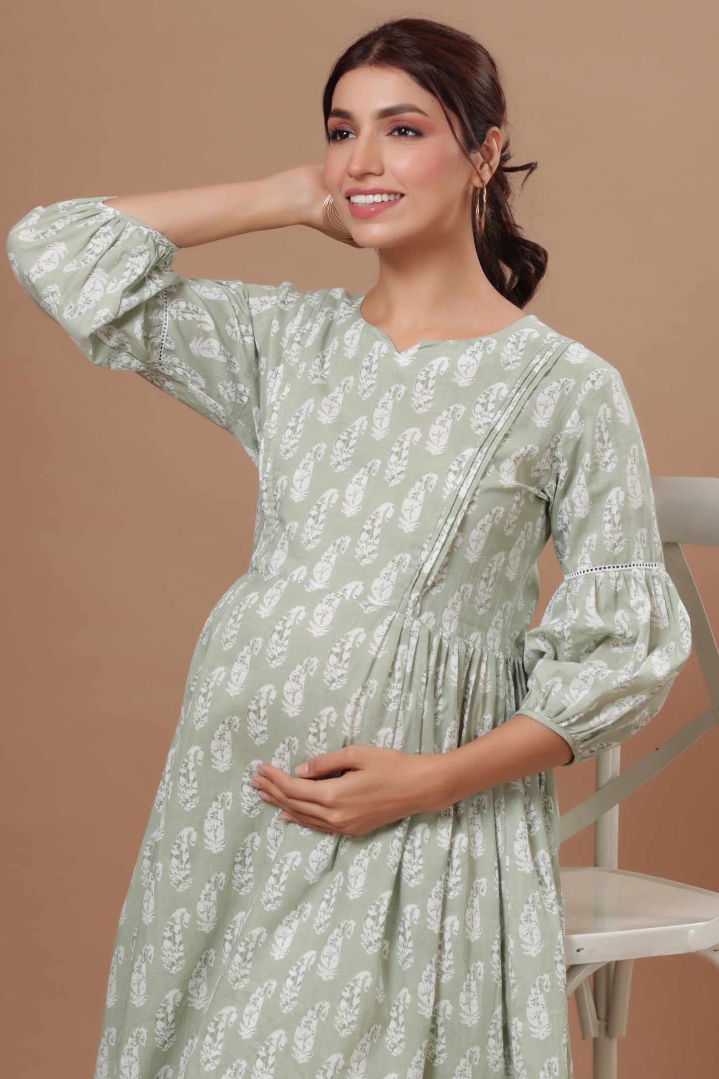 Paisley Charm On Light Green Maternity & Nursing Dress