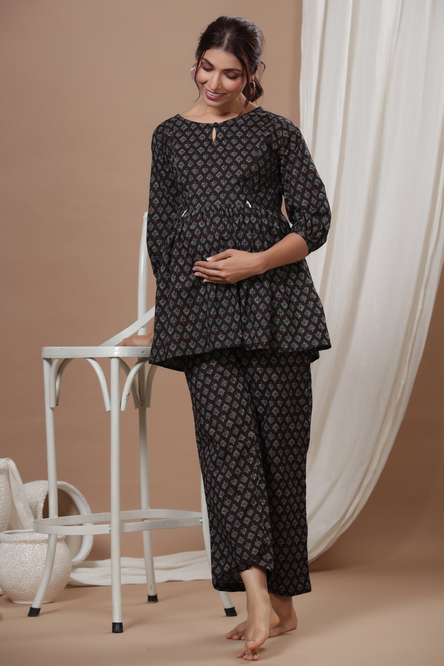 Ethnic Motifs On Black Maternity & Nursing Set