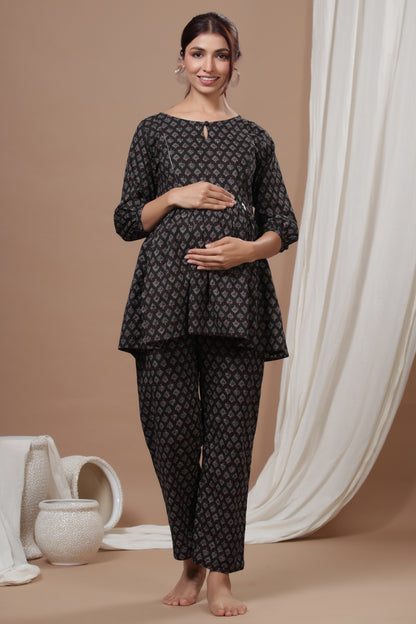 Ethnic Motifs On Black Maternity & Nursing Set