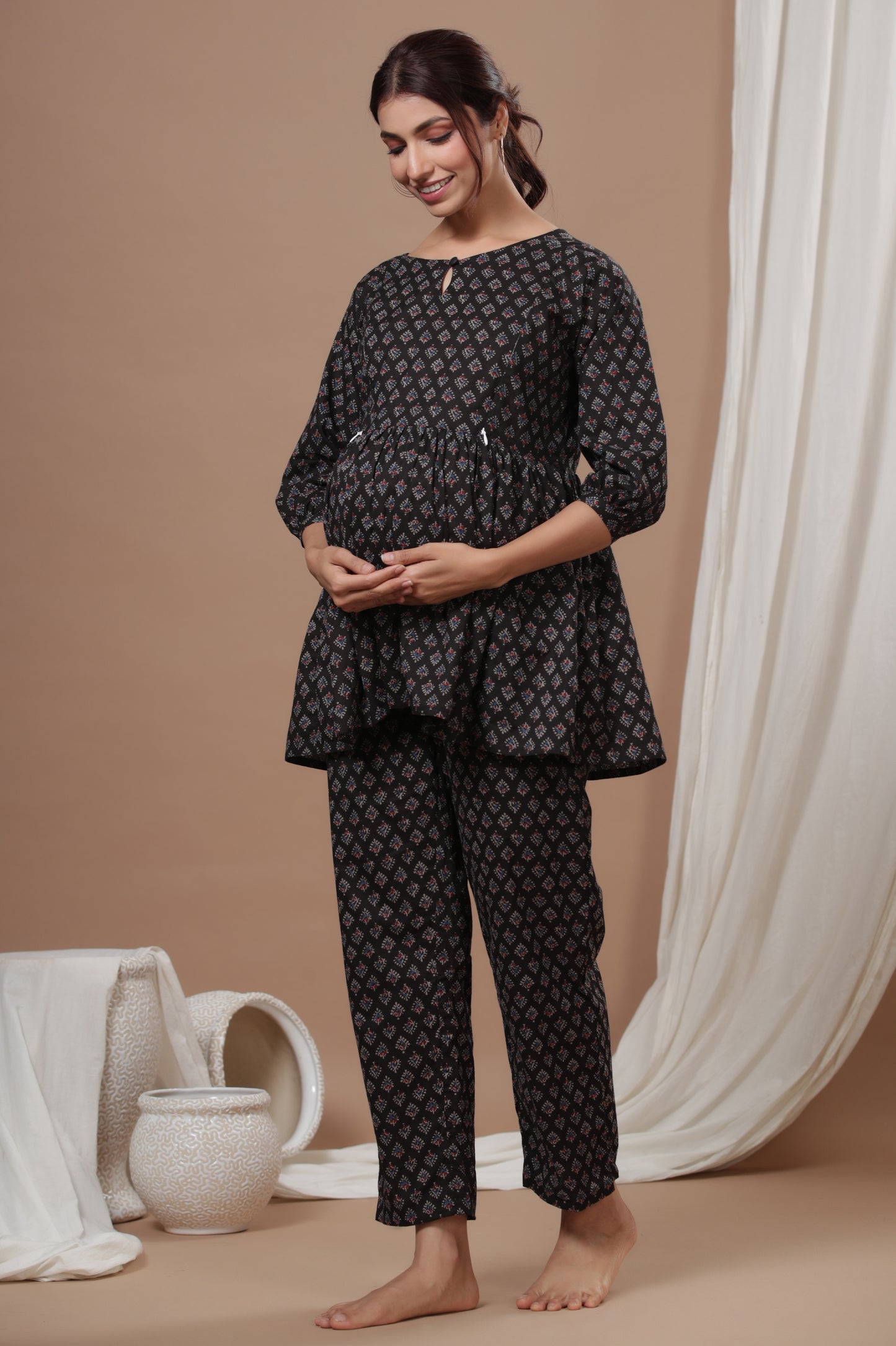 Ethnic Motifs On Black Maternity & Nursing Set