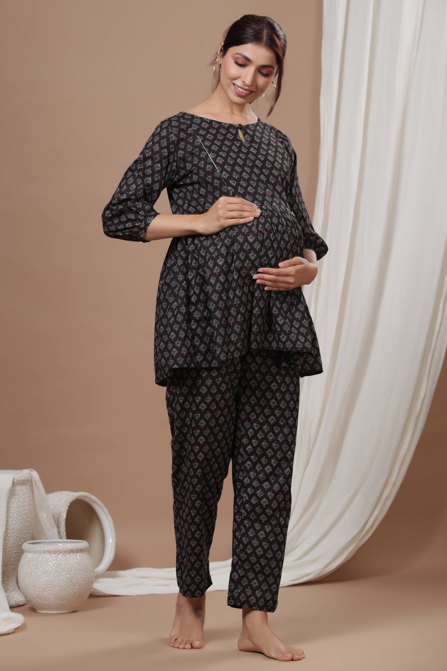 Ethnic Motifs On Black Maternity & Nursing Set